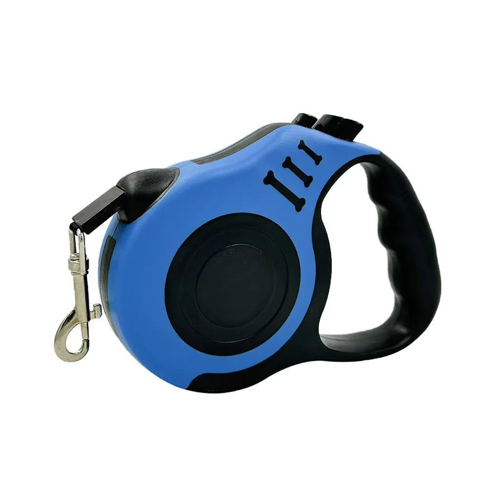 A blue and black automatic retractable dog leash with a black handle and three visible markings.