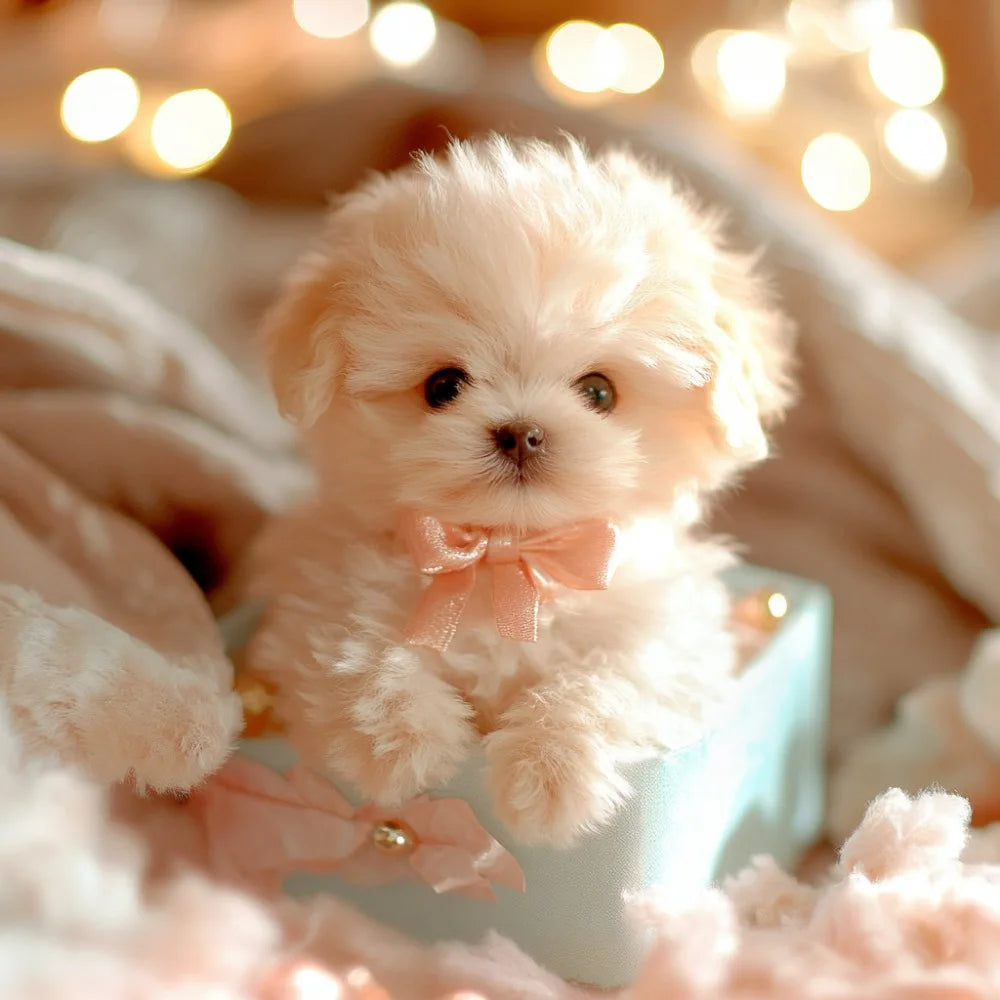 A fluffy pink puppy plush toy sitting in a light blue box surrounded by soft pink fabric.