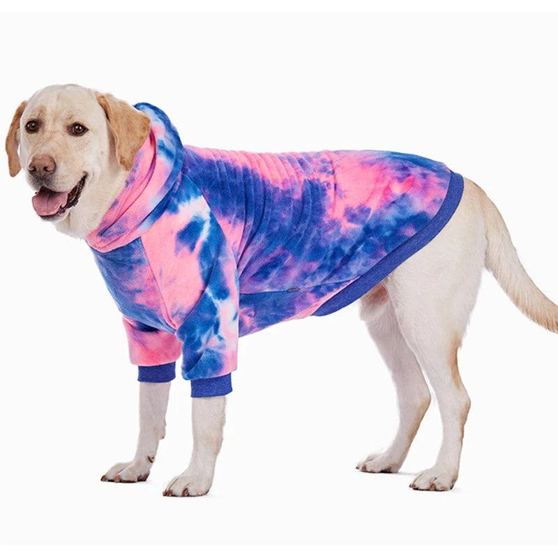 Un chien de couleur claire portant un sweat à capuche en polaire tie-dye rose et bleu.