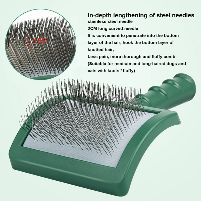 A green slicker brush with long stainless steel needles is shown, demonstrating in-depth lengthening of steel needles.