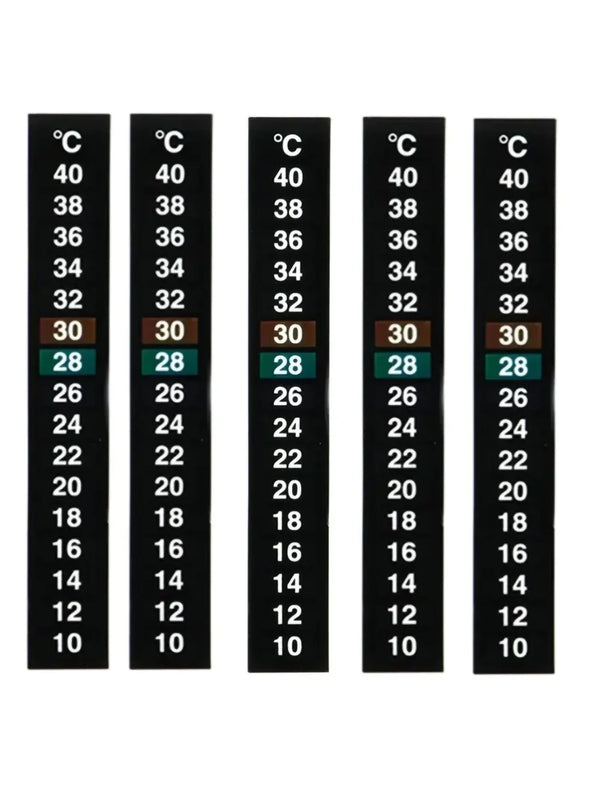 A set of black temperature indicator stickers showing Celsius degrees from 10 to 40.