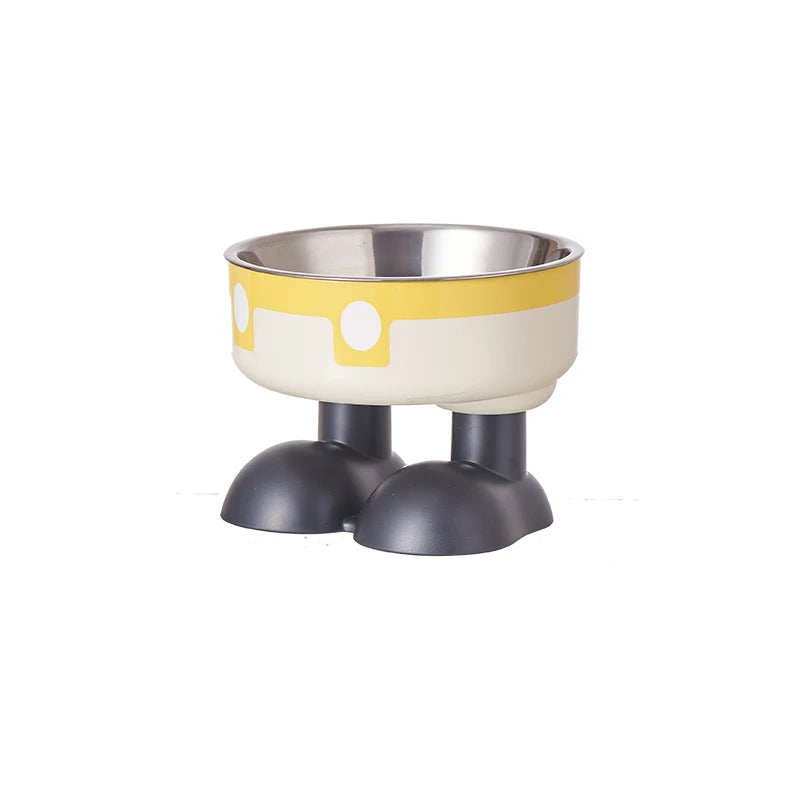 Elevated stainless steel pet bowl with a yellow rim and dark gray stand.