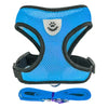 A bright blue pet harness and matching leash set with a gray paw print design.