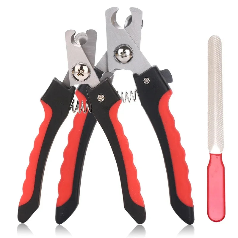A set of stainless steel pet nail clippers for dogs and cats with black handles and red accents.
