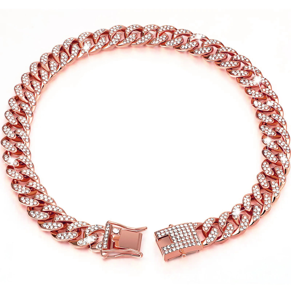 Rose Gold-Strass-Cuban-Kettenhalsband für Hund, abgebildet vor weißem Hintergrund.