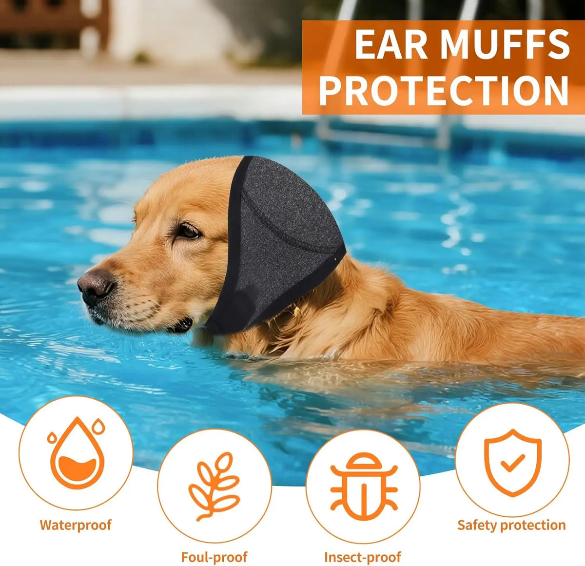 A golden retriever wearing a black ear muff protection during swimming, highlighting waterproof, foul-proof, insect-proof, an