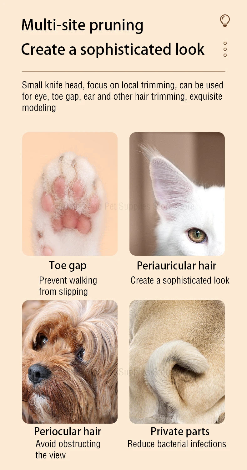 A multi-site pruning tool used for various pet grooming tasks like toe gap prevention and hair trimming.