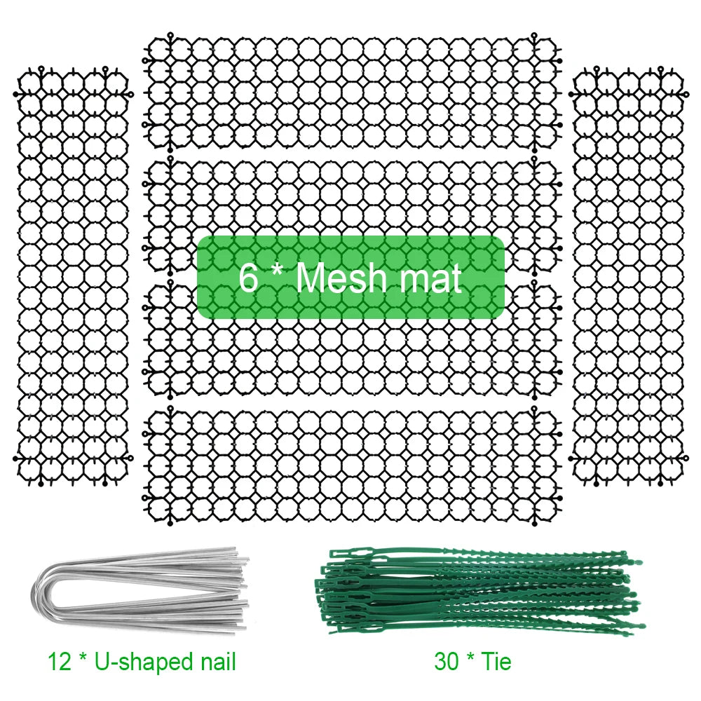 A mesh mat made of U-shaped nails and ties used as a pet deterrent prickle strip.