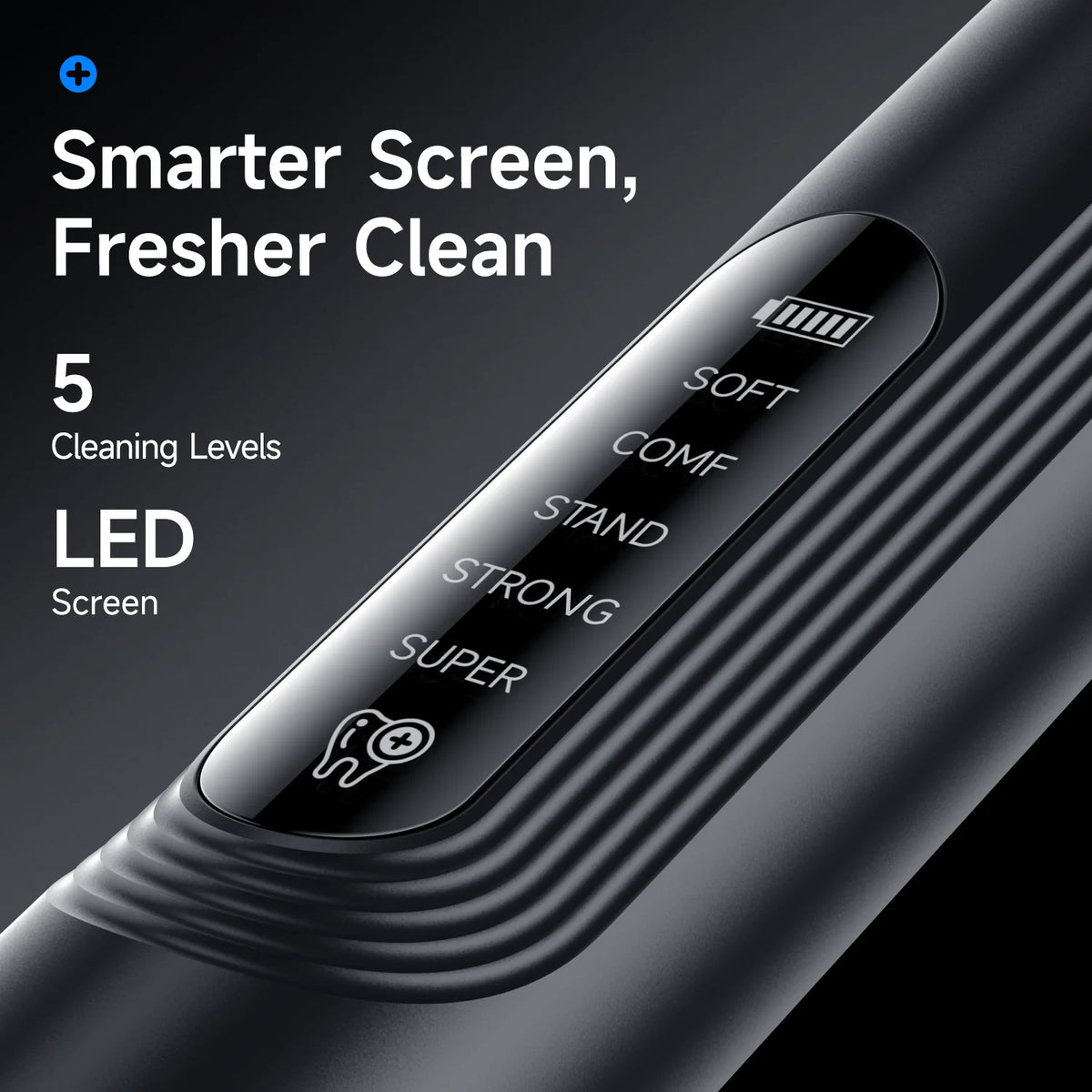 Close-up of a black ultrasonic pet dental cleaner device showing various cleaning levels like Soft, Comf, Stand, Strong, and 