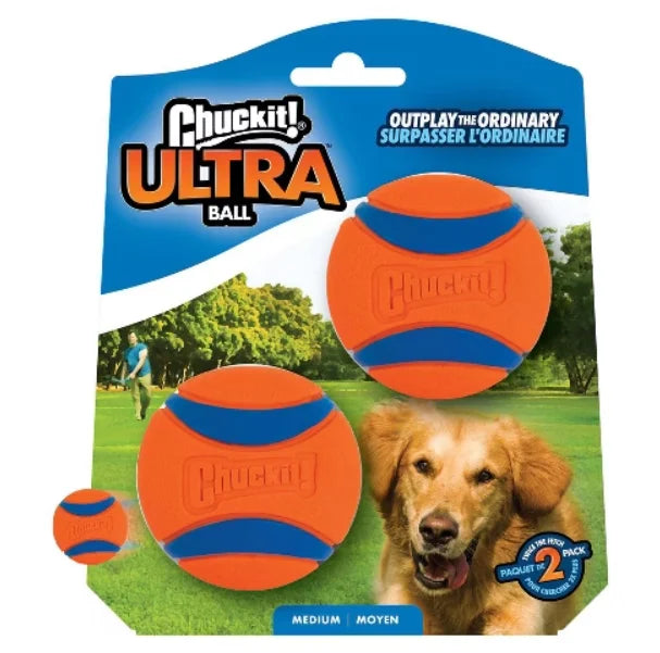 A package of Chuckit Ultra Ball squeaky fetch balls for dogs, showing an orange ball and a dog.