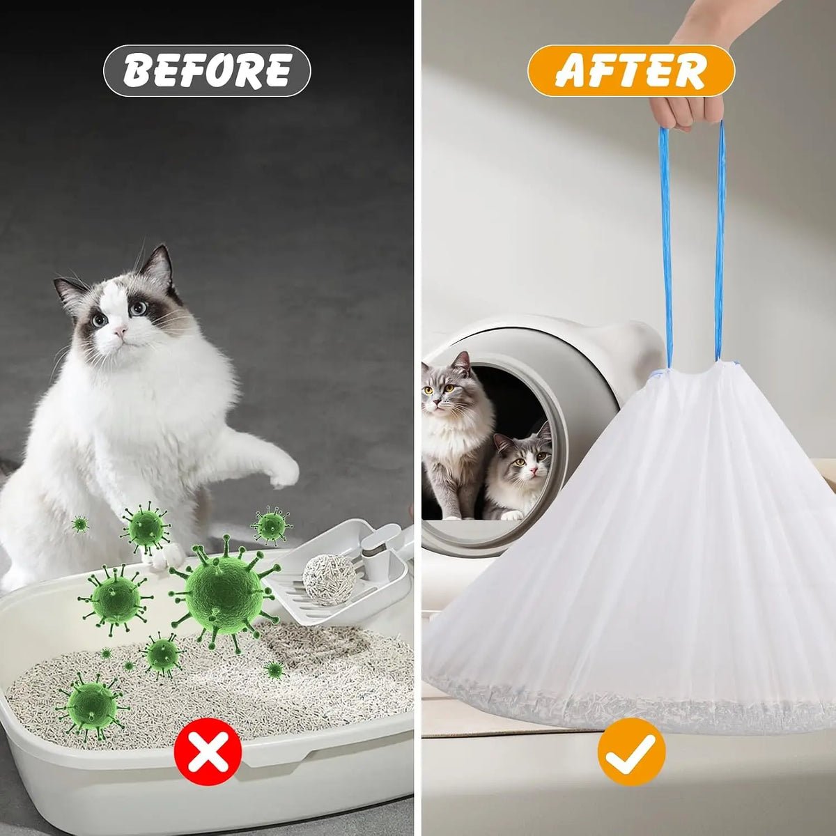Before and after comparison showing a cat litter box liner used in an automatic litter box.