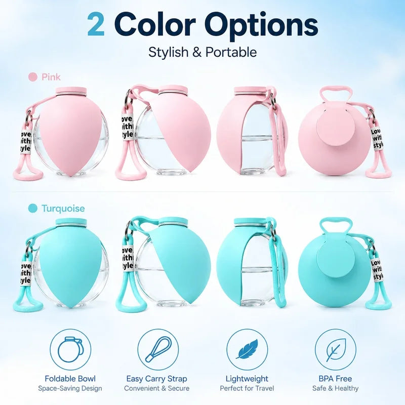 Two color options of a portable dog water bottle dispenser shown in pink and turquoise.