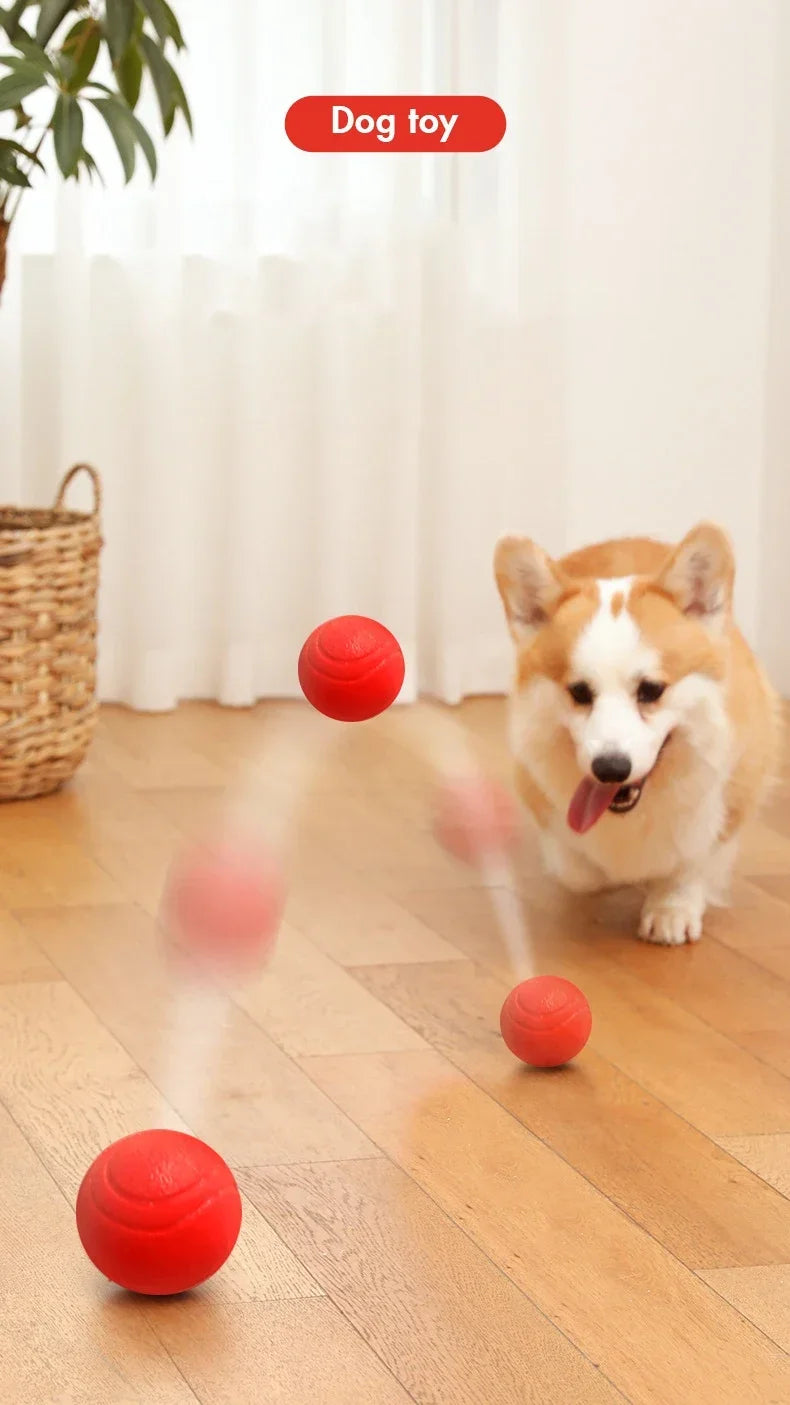 A dog toy featuring red rubber balls being thrown across a wooden floor.