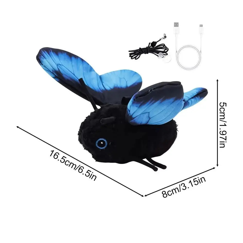 A black rabbit toy with blue butterfly wings and charging cables shown against a white background.