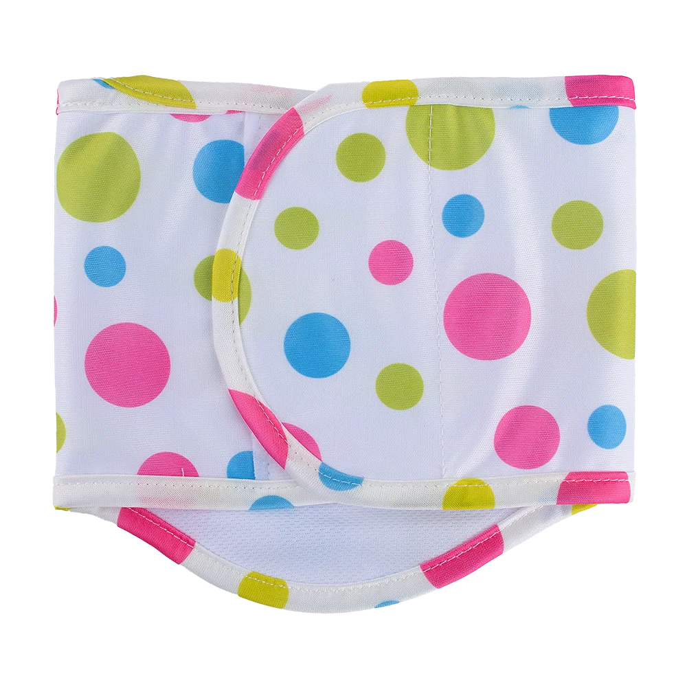 Reusable male dog sanitary pants featuring a white background with colorful polka dots.