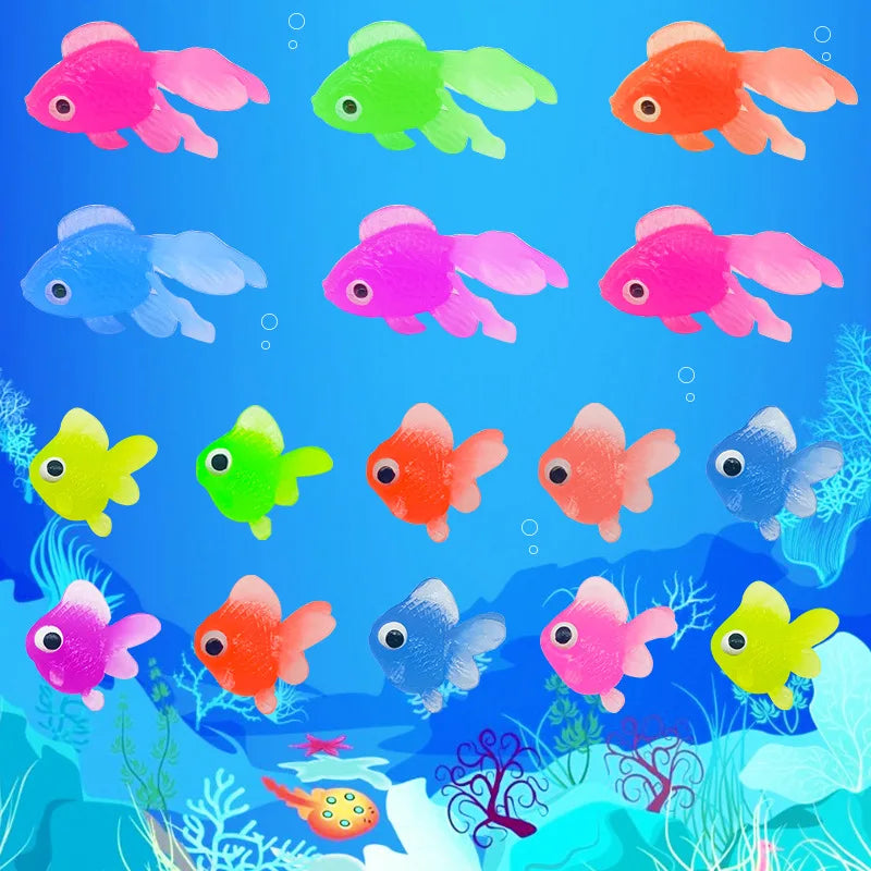 A colorful set of ten soft rubber goldfish bath toys in various shades of pink, orange, green, and blue swimming in blue wate