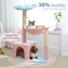A pink decorative cat tree with sisal scratching posts and a cat sitting on the platform.