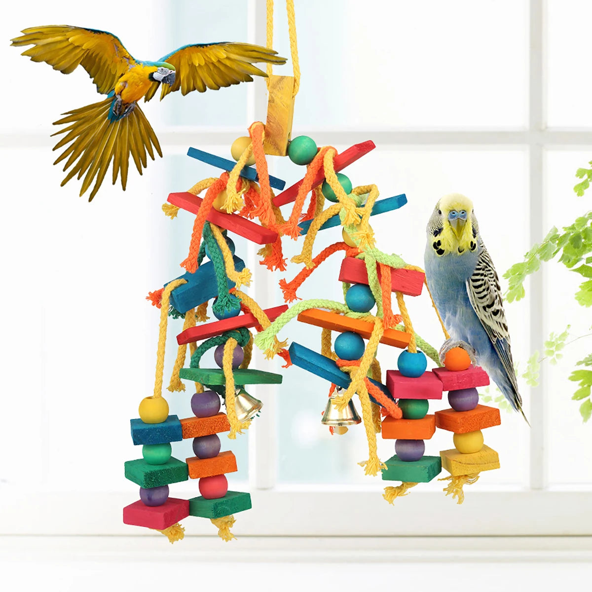 Colorful Wooden Bead and Rope Parrot Chew Toy with Hanging Hook