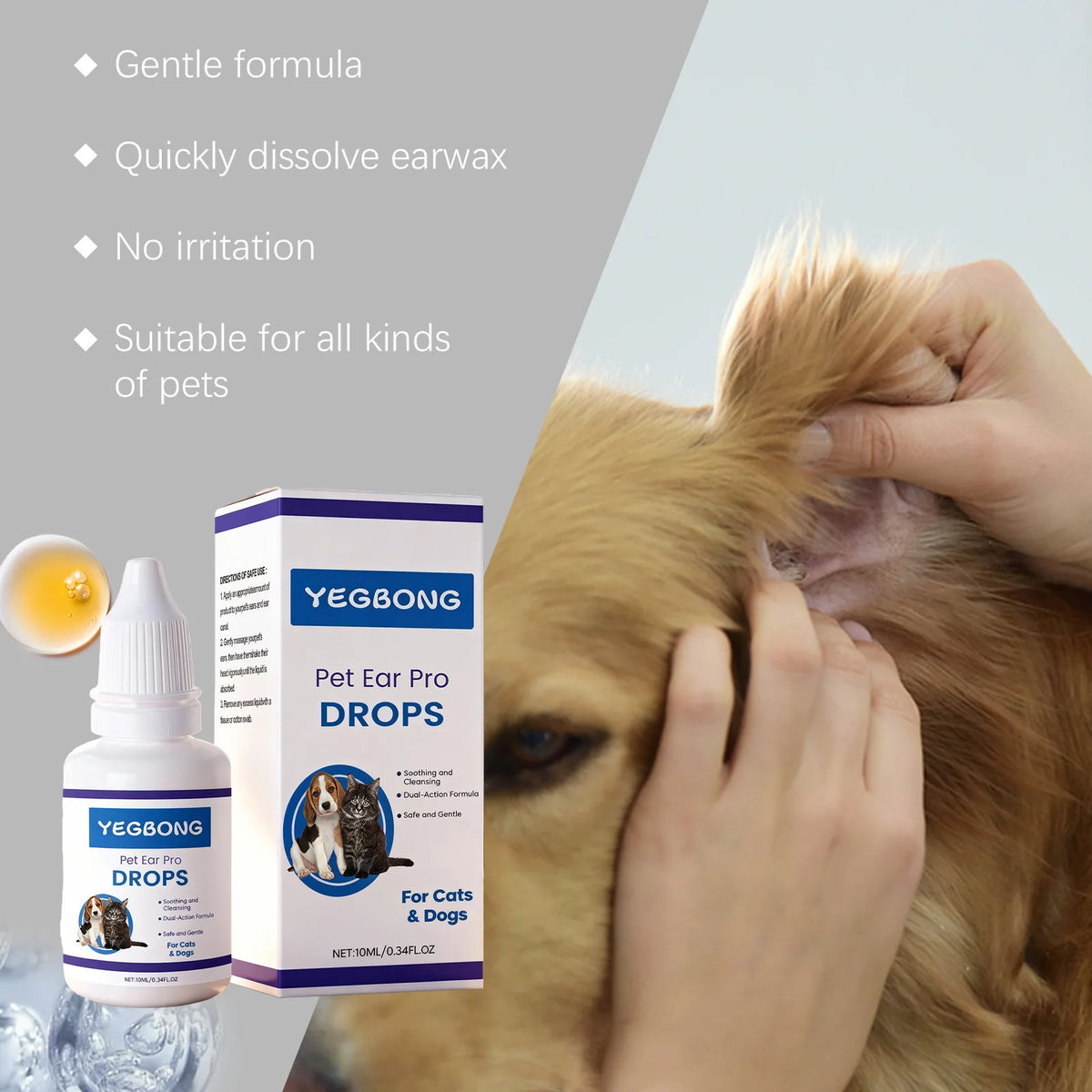 A bottle of YEGBONG Pet Ear Drops is shown next to a dog, illustrating gentle ear cleaning for pets.