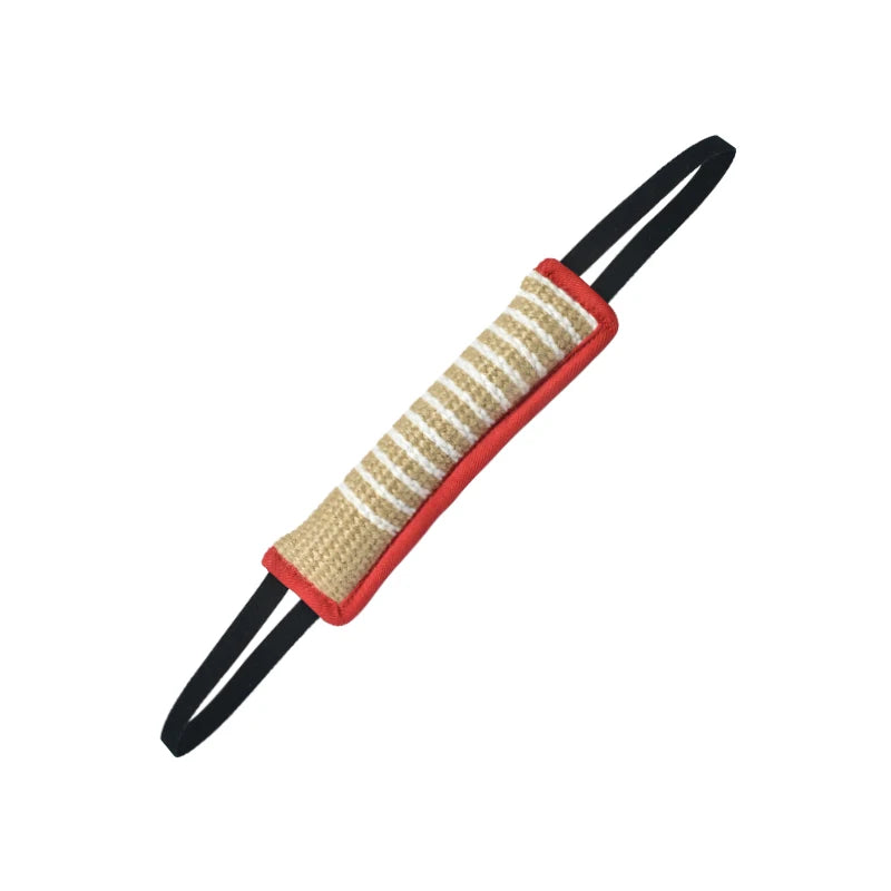 Natural jute tug toy for dogs with dual handles, featuring a woven grip and black straps.