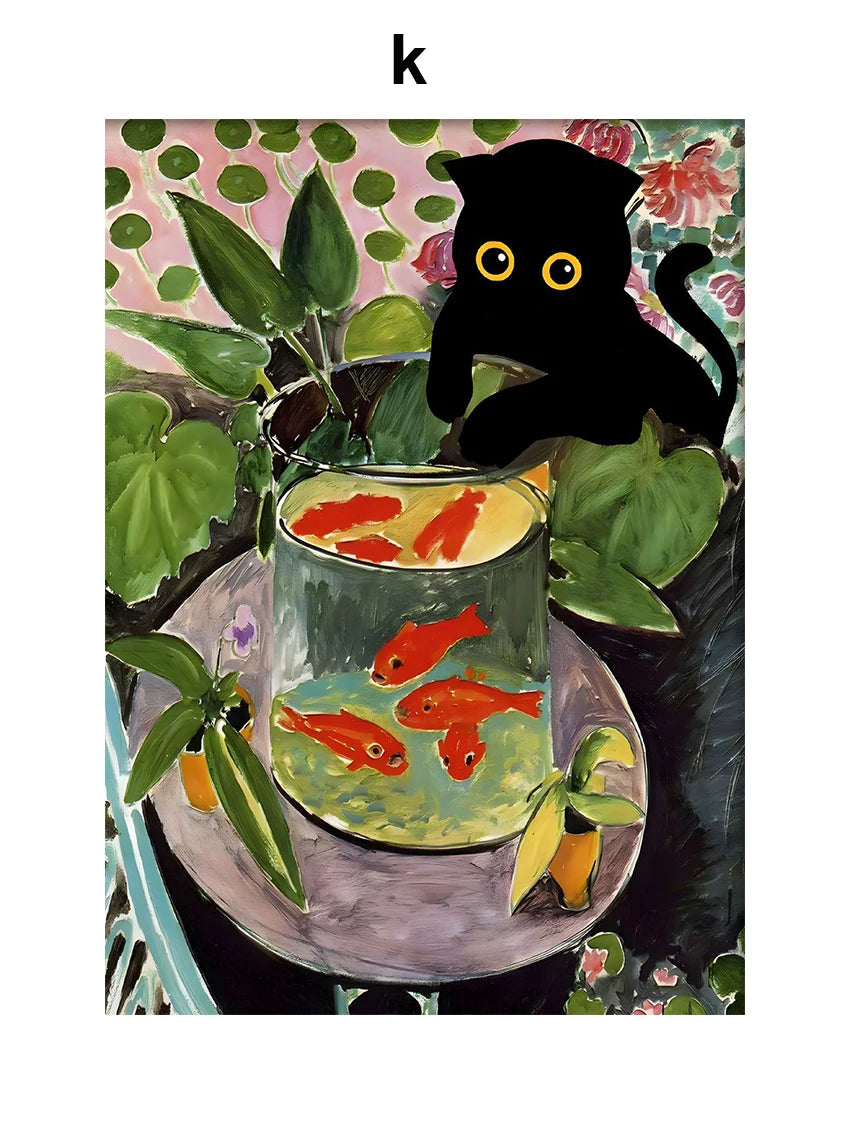 A painting featuring a black cat looking out of a glass jar filled with orange fish and green leaves.