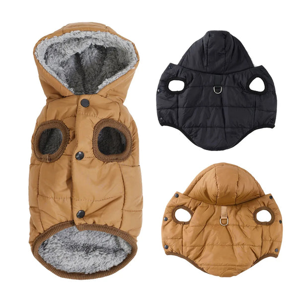 A tan waterproof hooded dog jacket with a gray fleece lining shown in multiple views.