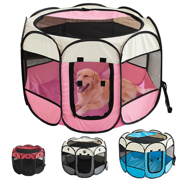 Tente octogonale pliable rose et noir pour chats et chiens, montrée en diverses configurations.