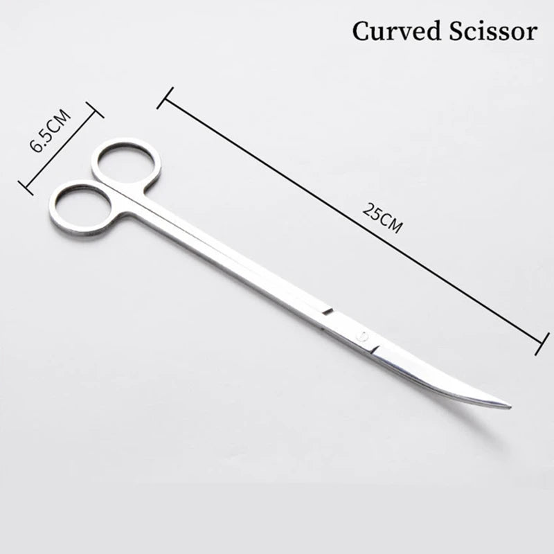 A stainless steel curved scissor with a 25cm blade and 6.5cm handle for aquarium cleaning.