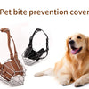 A brown leather dog bite prevention cover muzzle with a metal frame shown next to a golden retriever.