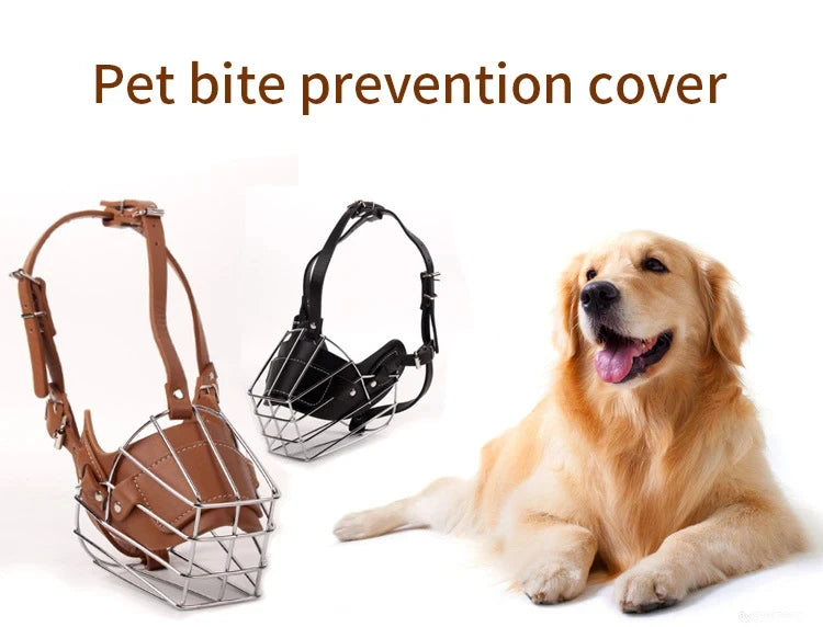 A brown leather dog bite prevention cover muzzle with a metal frame shown next to a golden retriever.