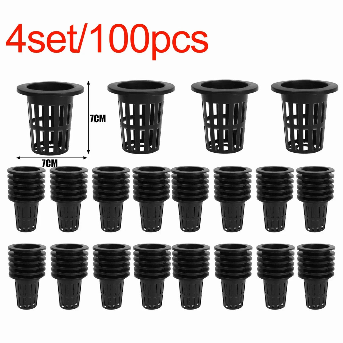 A set of 4 mesh net pots for hydroponic plant cultivation, shown in black.