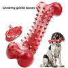 A bright red chewing gristle bone for dogs, shown next to a dog, used for teeth cleaning and training.