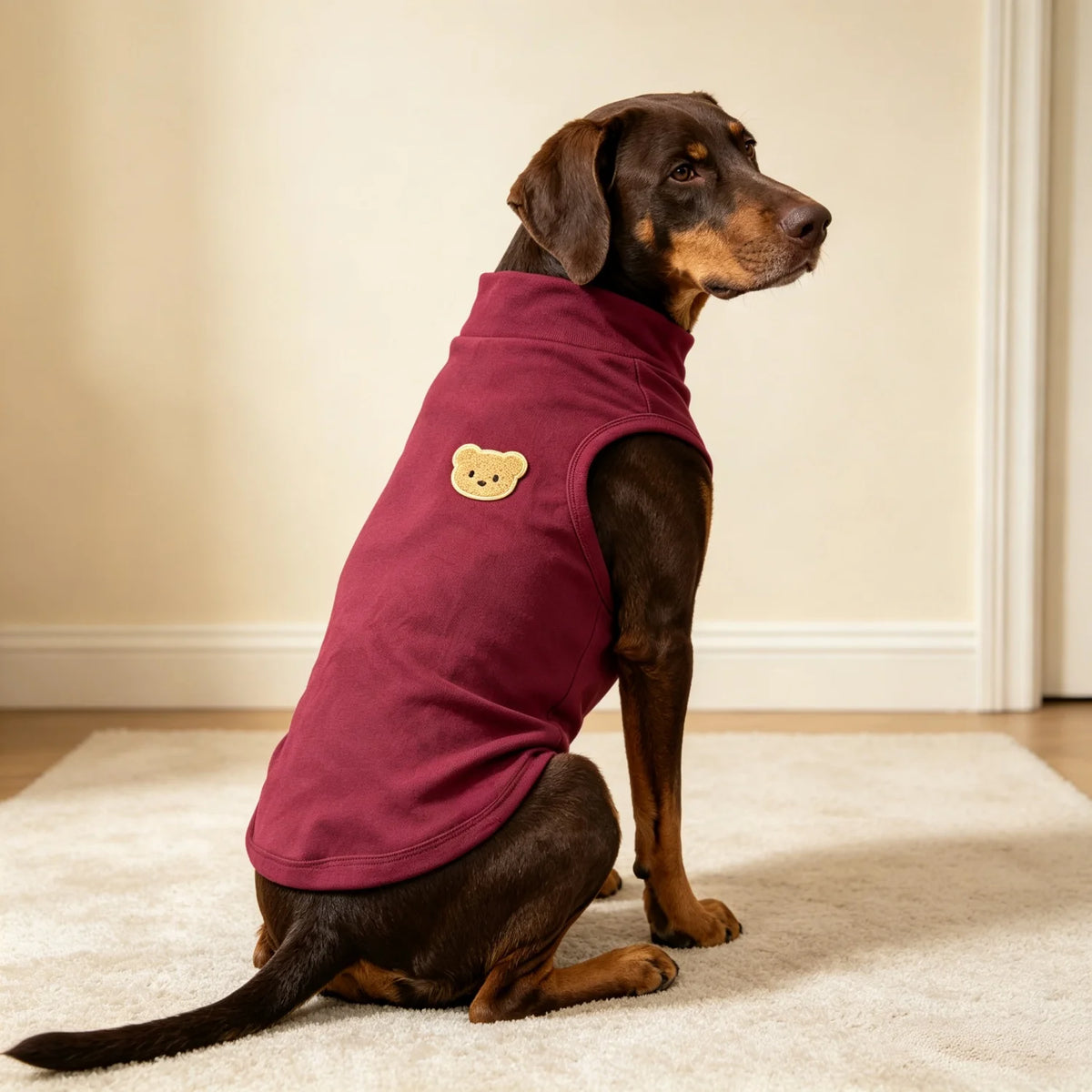 A brown dog wearing a maroon cozy turtleneck vest with a tan bear patch, sitting on a light rug.