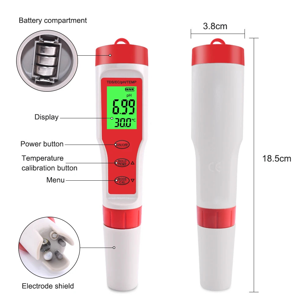 4-in-1 Digital Water Quality Tester for pH, TDS, EC, and Temperature