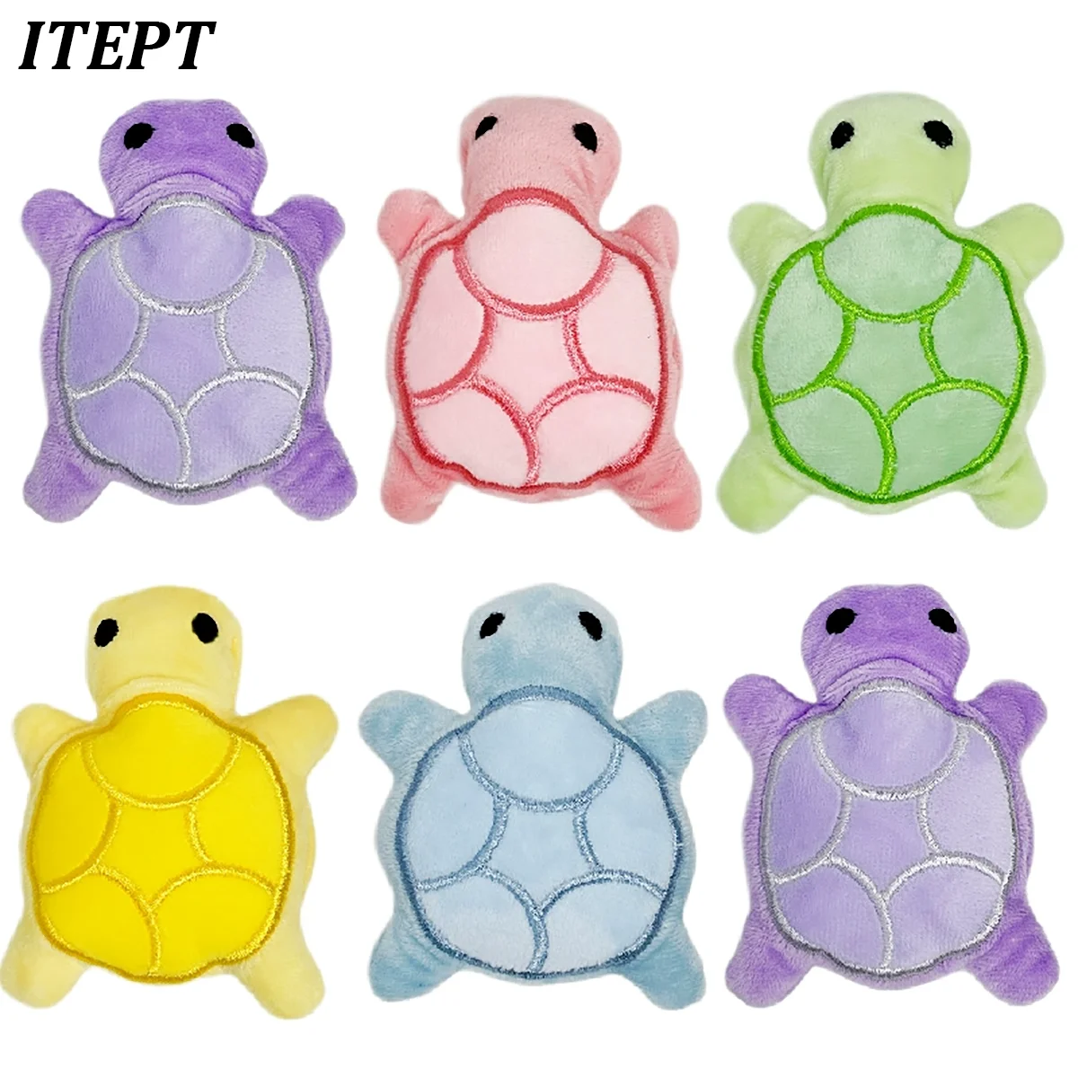 Ein Set von fünf Mini-Schildkröten-Hund-Plüschspielzeugen in Lila, Pink, Grün, Gelb und Blau.