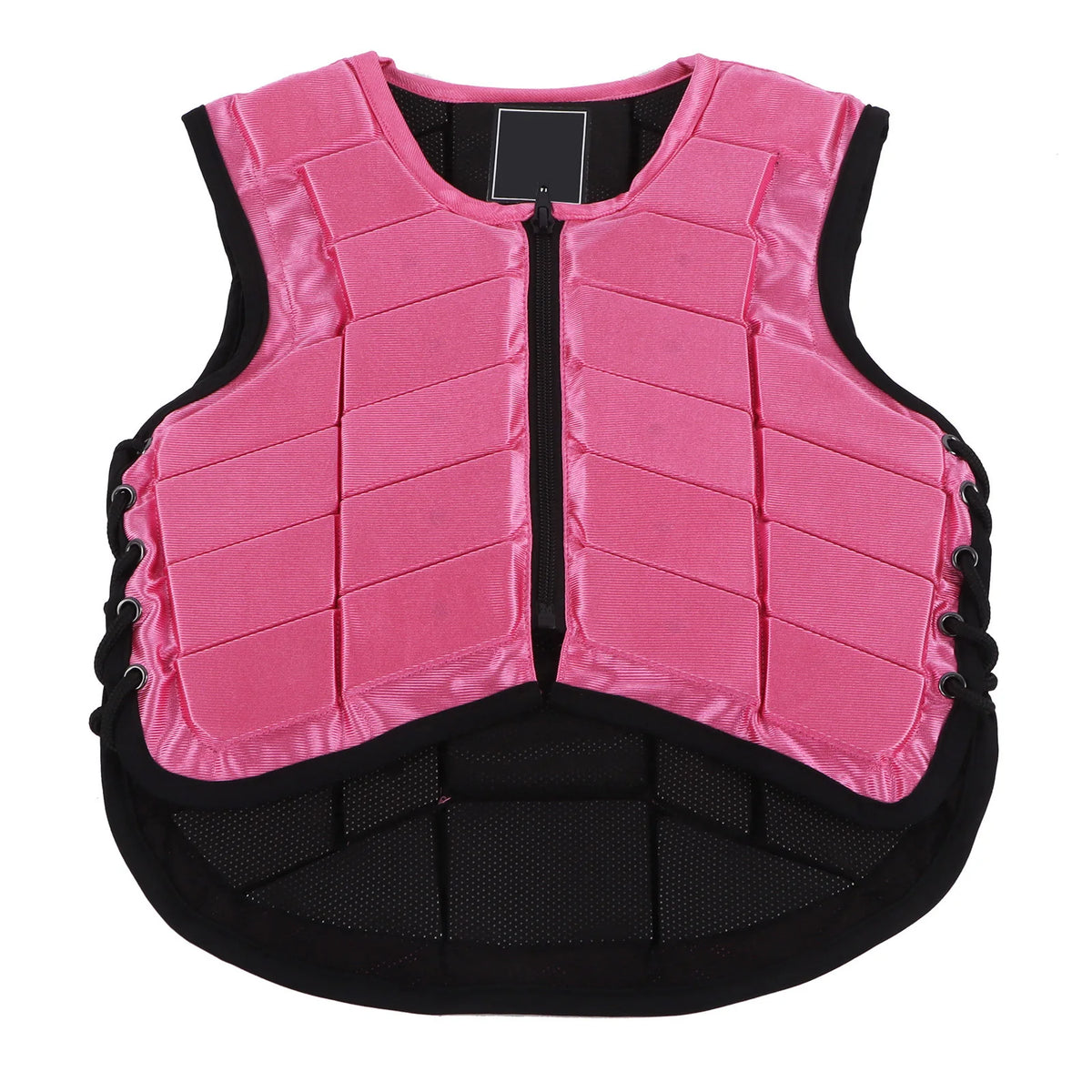 A pink kids equestrian safety vest with quilted panels and a black zipper.