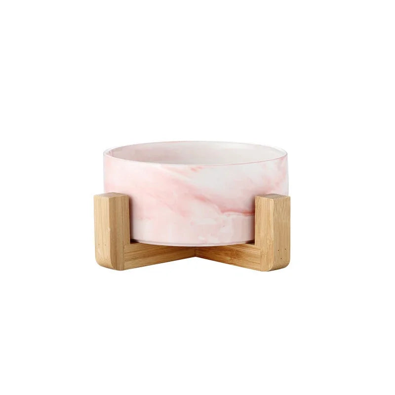 Marbled Ceramic Double Pet Bowl Set with Wooden Stand