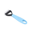 A blue pet dematting and deshedding brush with black bristles.