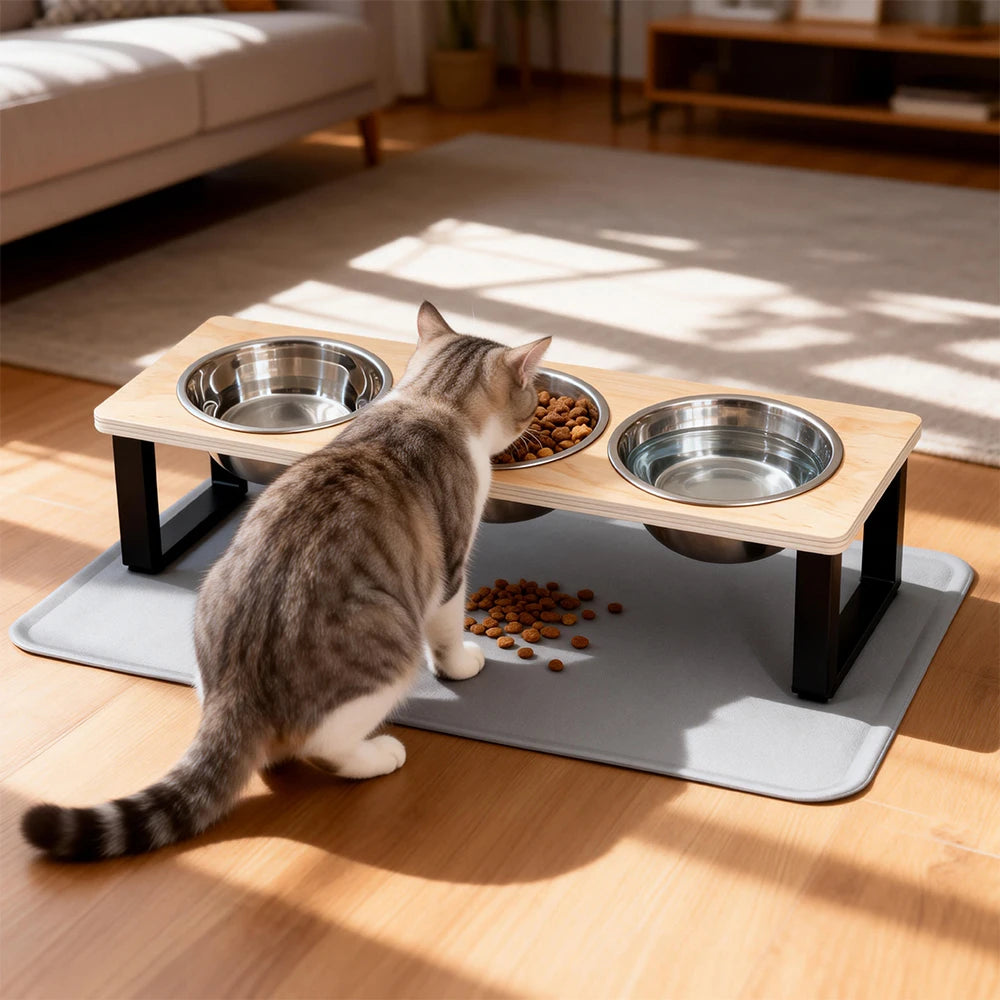 A gray tabby cat is looking at a wooden elevated bowl stand with stainless steel bowls on a gray anti-slip feeding mat.