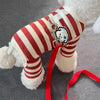 A white and red striped sweater with a black bear charm is shown on a plush dog toy.