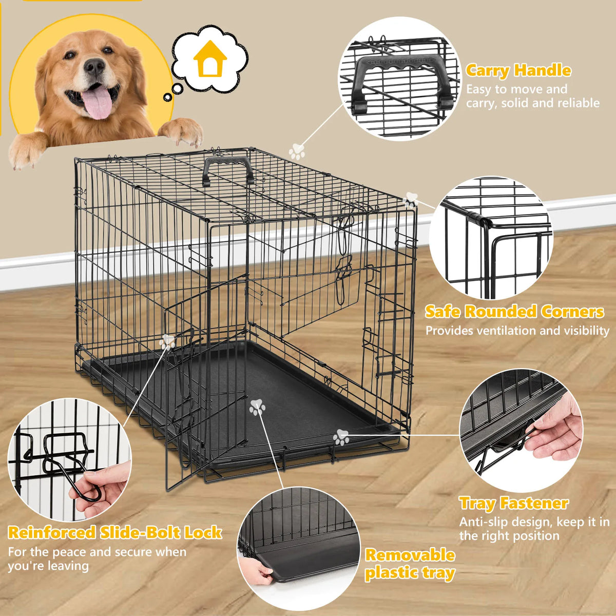 Extra-Large Foldable Metal Dog Crate with Double Doors and Leak-Proof Tray