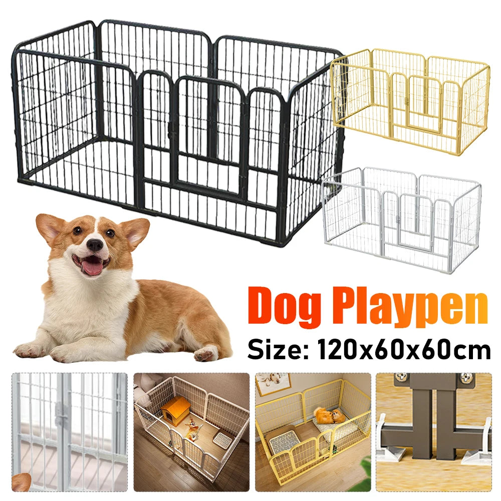 Black and gold foldable pet playpen with various sizes shown in different angles