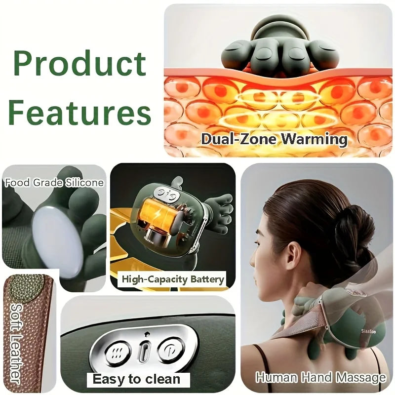 A rechargeable neck and shoulder massager with dual-zone warming features, silicone components, and a high-capacity battery.