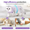 A fluffy gray cat wearing a purple protective suit designed for high efficiency wound protection.