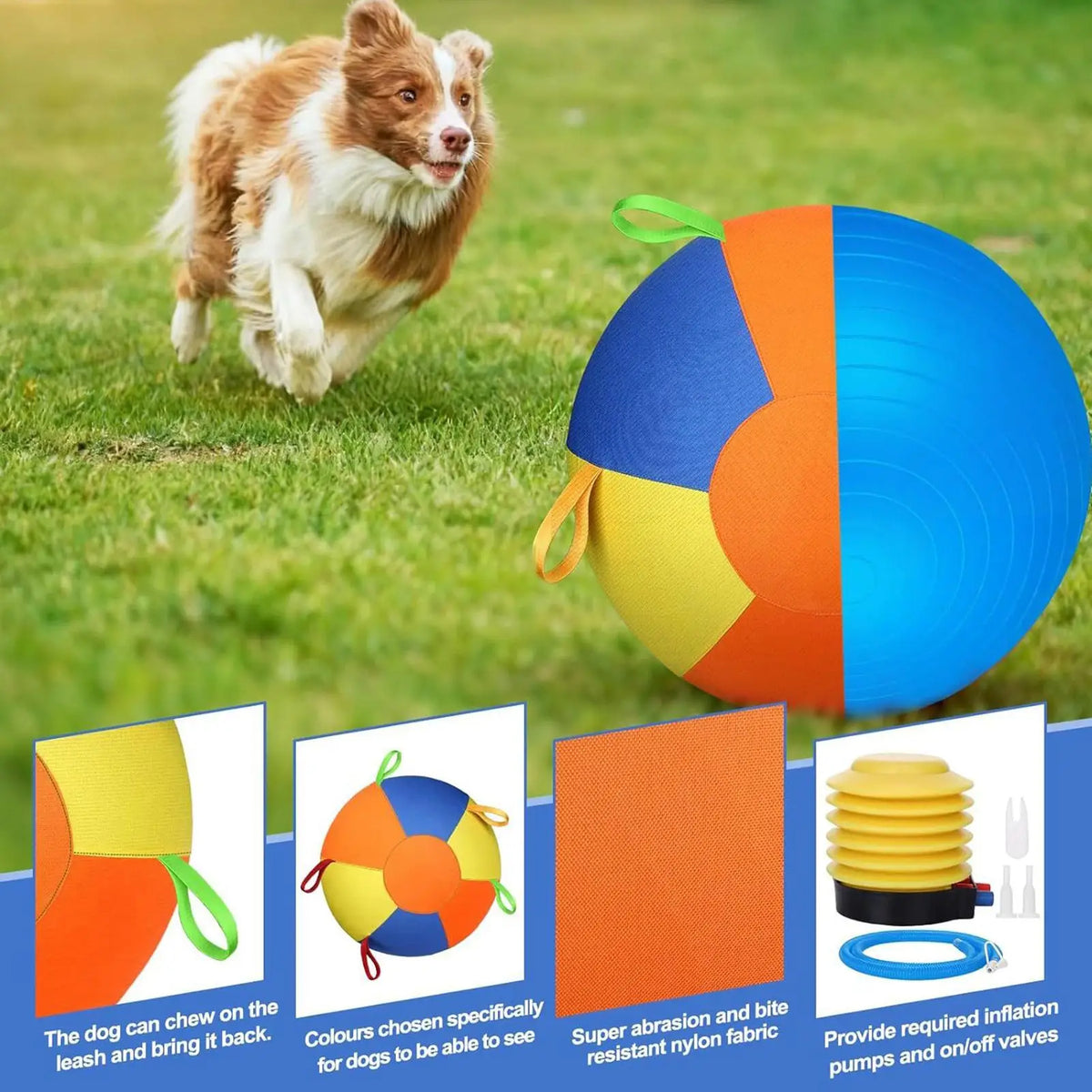A dog is running near an orange and blue ball toy, with accompanying fabric and inflation pumps shown.