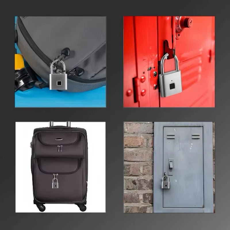 Three images showing a gray backpack, a red door with a padlock, and a gray cabinet door with a padlock.