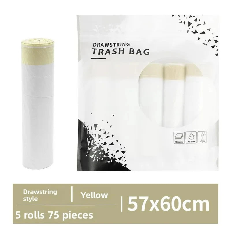 Packaged drawstring trash bags with handles in white and beige colors, showing the product size and features.