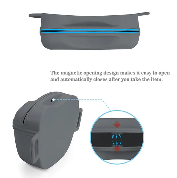 A gray silicone dog treat pouch with a magnetic opening design and a waist belt feature.