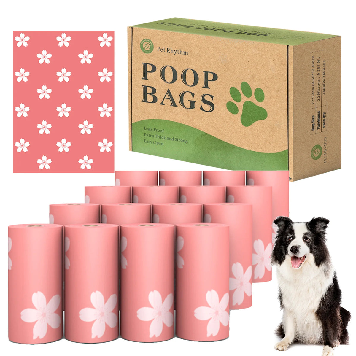 A box of poop bags and several rolls of pink biodegradable pet waste bags are shown.