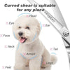 A white dog is shown with various body parts labeled to demonstrate the suitability of curved shear grooming scissors.